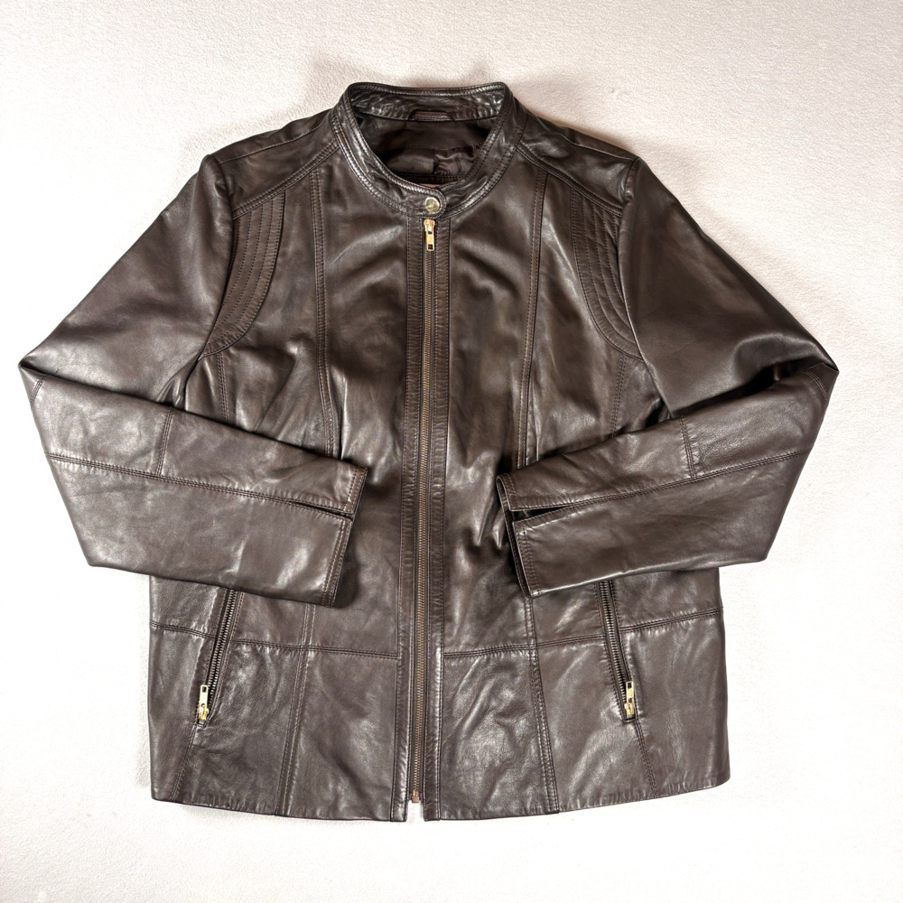 Albapelle Women's XL Genuine Brown Leather Racer Jacket Zip Front Quilted